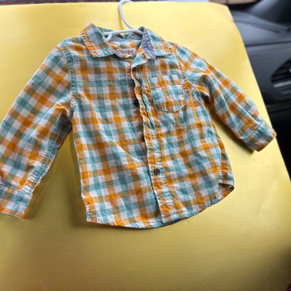 Cat & Jack Orange and Blue Plaid Button Down Shirt Size 2T